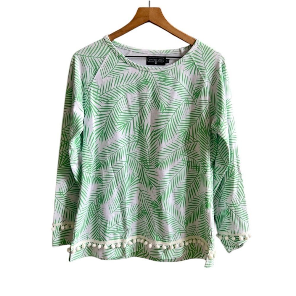 Duffield Lane Green Palm Leaf Print Women's Long Sleeve Crew Neck Top Pom Trim